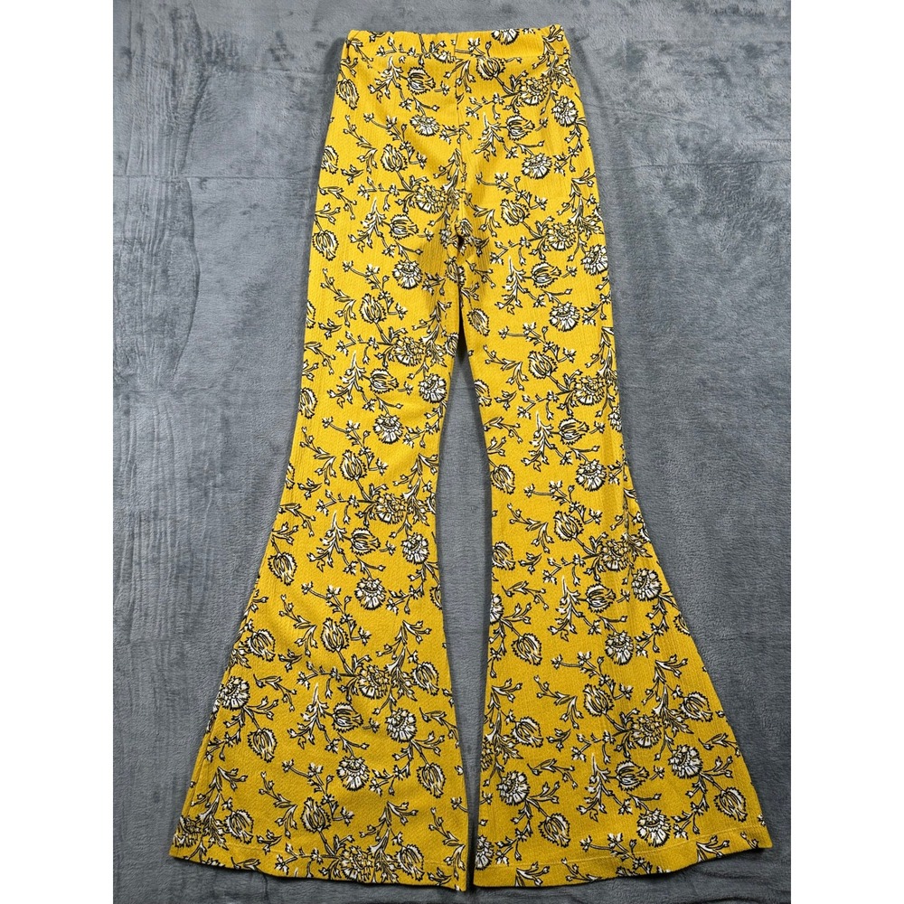 Free People Yellow Floral Bell Bottom Flare Pants XS Boho Retro Wide Leg